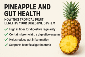 Fresh pineapple with digestive system icons – tropical fruit supporting gut health, microbiome, and digestion
