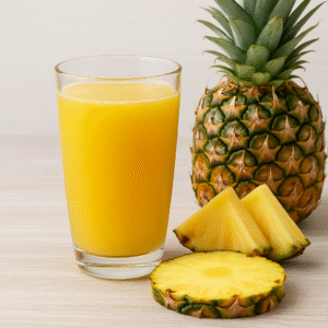 Glass of fresh pineapple juice with fruit slices – tropical drink rich in vitamins and digestive benefits.