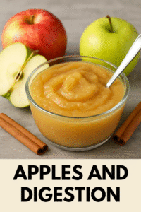 Fresh apple slices on a wooden plate, showcasing the skin and juicy interior for digestive benefits.