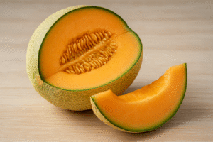A cantaloupe melon cut in half next to a fresh cantaloupe slice on a wooden surface