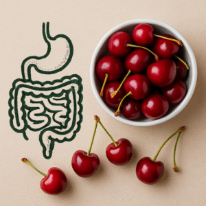 Fresh cherries in a bowl with digestive system illustration
