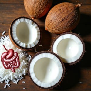 Fresh coconut halves, shredded coconut, and digestive system illustration on a wooden surface.