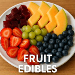 A white plate with an assortment of fruit edibles including strawberry halves, green grapes, blueberries, cantaloupe slices, and red fruit gummies arranged neatly on a wooden table.
