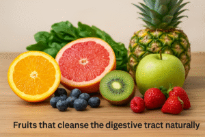 Fresh fruits including pineapple, kiwi, orange, apple, strawberries, raspberries, and blueberries arranged on a wooden surface