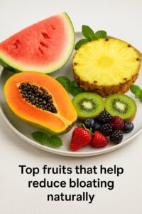 An arrangement of papaya, pineapple, kiwi, watermelon, and berries on a white plate, surrounded by fresh mint.