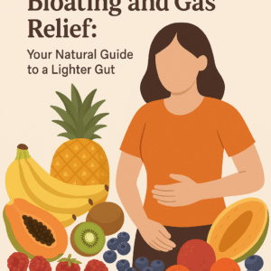 A person holding their stomach in discomfort from bloating, with a surrounding array of bloating-relief fruits like pineapple, papaya, and kiwi.