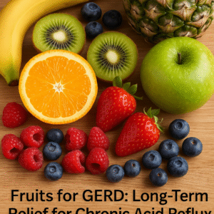 Fresh fruits including banana, kiwi slices, orange, green apple, pineapple, blueberries, strawberries, and raspberries arranged on a wooden surface