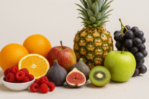 Fresh fruits including orange, fig, kiwi, raspberry, apple, pineapple, and grapes arranged on a wooden surface