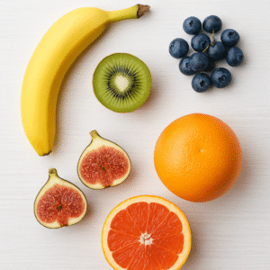 IBS-friendly fruits including banana, kiwi, blueberries, figs, and orange on a white surface