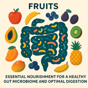 An abstract illustration of the gut microbiome with various colorful fruits surrounding it.