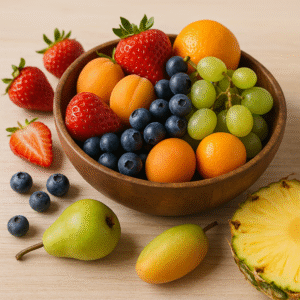 Fresh seasonal fruits in a wooden bowl including strawberries, blueberries, grapes, apricots, and oranges on a rustic surface.