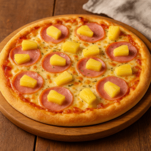 Hawaiian pizza topped with cheese, ham, and fruit chunks on a wooden board