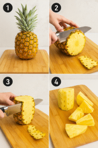 Step-by-step collage showing how to cut a pineapple: trimming ends, removing skin, slicing quarters, and cutting into chunks