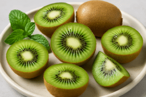 Fresh sliced kiwi fruit arranged on a plate with mint leaves, highlighting its green color and seed-filled center.