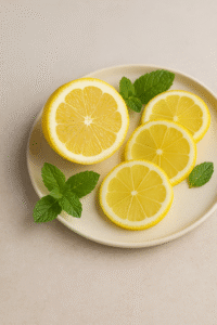 A digital photograph displays a halved lemon alongside several fresh lemon slices arranged on a cream plate with scattered mint leaves.