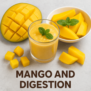 Fresh mango slices in a ceramic bowl on a wooden table, showcasing vibrant color and digestive benefits.