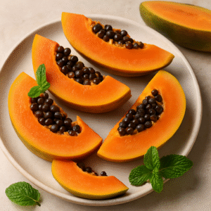 Ripe papaya slices on a wooden plate with a spoon, highlighting its orange color and black seeds.