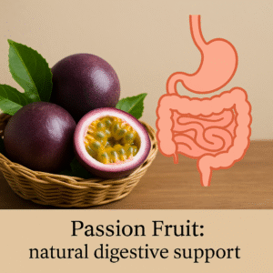 Fresh passion fruit with digestive system illustration