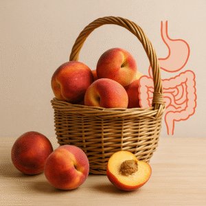 Fresh peaches in a basket with digestive system illustration