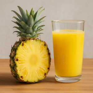 A high-resolution digital photograph showcases a halved pineapple beside a glass of fresh pineapple juice on a wooden surface.
