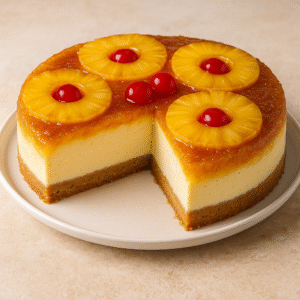 A pineapple upside-down cheesecake with caramelized pineapple rings and maraschino cherries on top, featuring a creamy cheesecake center and graham cracker crust, served on a white plate.