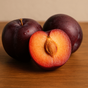 Fresh plums in a bowl with digestive system illustration