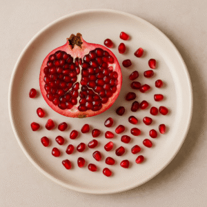 A digital photograph features a halved pomegranate on a cream plate with bright red seeds scattered around it.