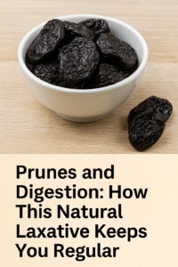 A small bowl of dried prunes on a wooden table with a spoon, highlighting their rich, wrinkled texture.