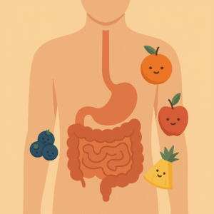 A selection of digestion-supporting fruits on a wooden table with a healthy gut illustration in the background.