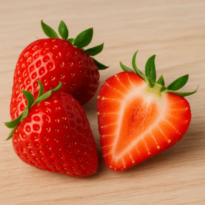 Three fresh strawberries with one cut in half on a wooden surface