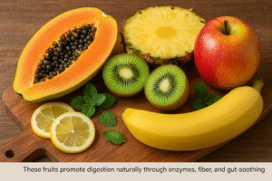 A fresh assortment of papaya, kiwi, pineapple, apple, and banana on a wooden surface, arranged with mint and lemon slices.
