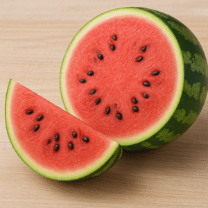 A halved watermelon and a triangular wedge on a light wooden surface