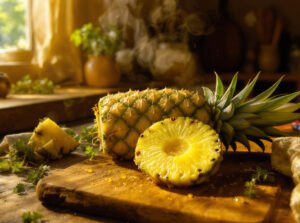 Fresh pineapple slices and core on a wooden board highlighting natural bromelain enzymes
