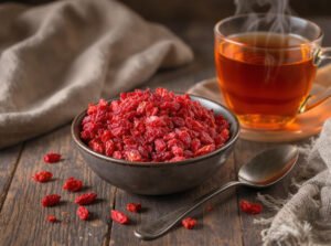 Bowl of dried goji berries on a wooden table beside a glass of goji tea