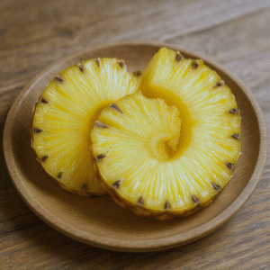 Fresh pineapple slices on a plate, showing the acidity and digestive enzyme benefits for acid reflux and GERD.