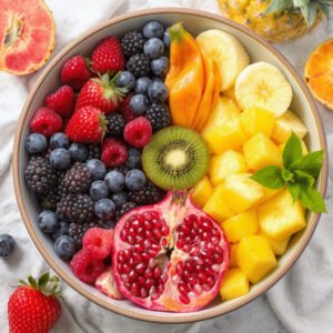 Colorful bowl of fruits including kiwi, berries, pomegranate, papaya, and banana, arranged to highlight gut microbiome diversity.