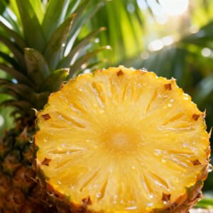 A close-up shot of a juicy, golden pineapple slice with text overlay that reads "Bromelain: The Taste & The Tingle."