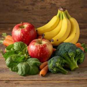 A variety of fiber-rich fruits and vegetables, including apples, bananas, spinach, carrots, and broccoli, arranged on a rustic wooden table with soft natural lighting.