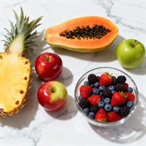 A colorful arrangement of fresh fruits known for aiding digestion, including pineapple, papaya, apples, and berries.
