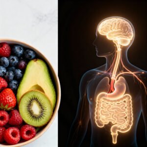 A split image showing a vibrant assortment of brain-healthy fruits on one side and a diagram of the gut-brain connection on the other.